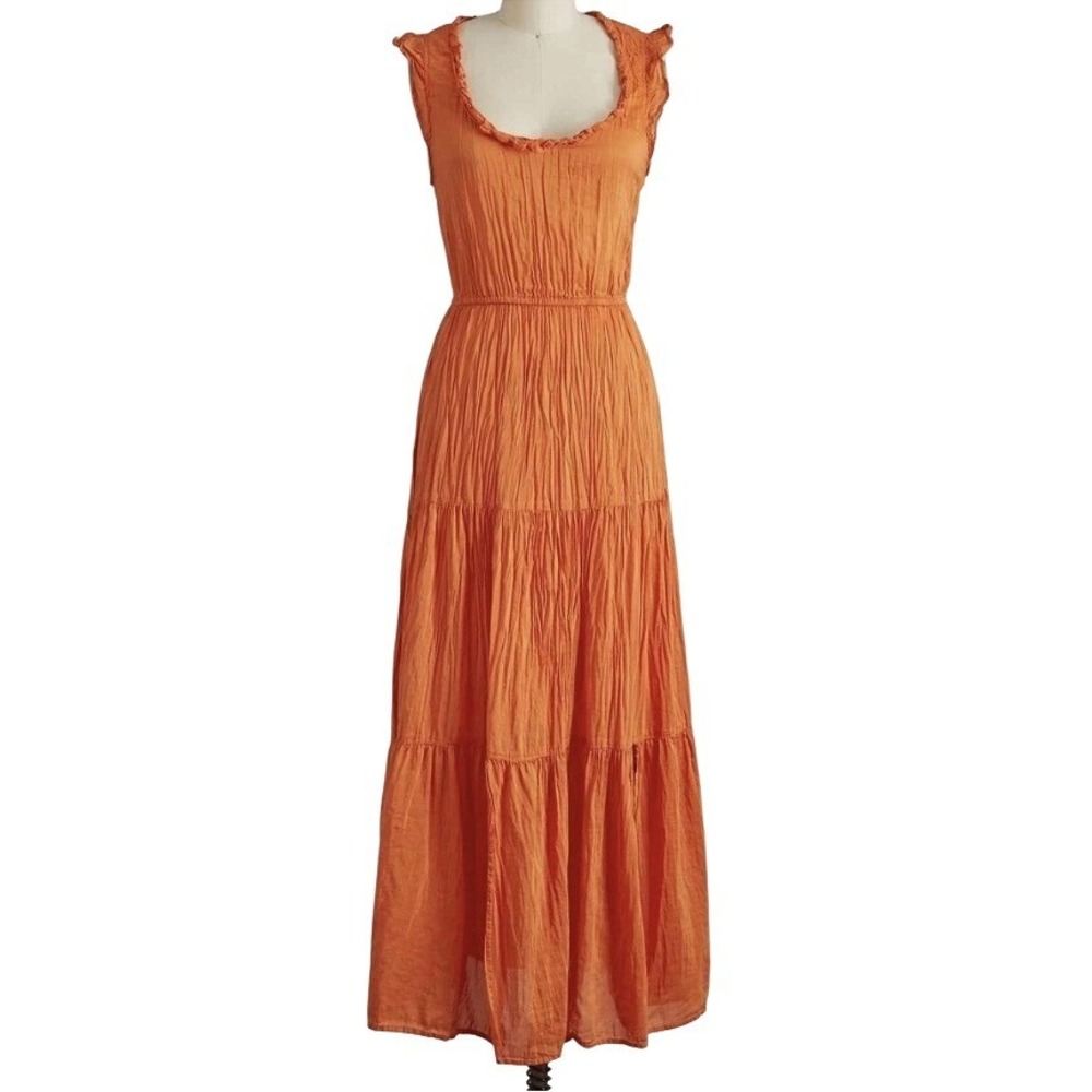 Silk CP Shades Orange Maxi Cara Dress Ruffled Tiered Cotton Made in USA Large